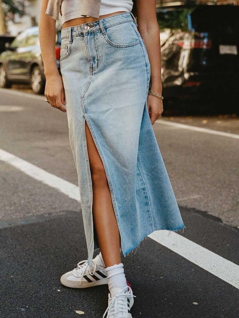 Light Blue Denim Midi Skirt with Front Slit